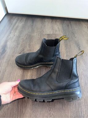 Dr. Martens Black Leather Chelsea Lug Boots with Yellow Pull Tab